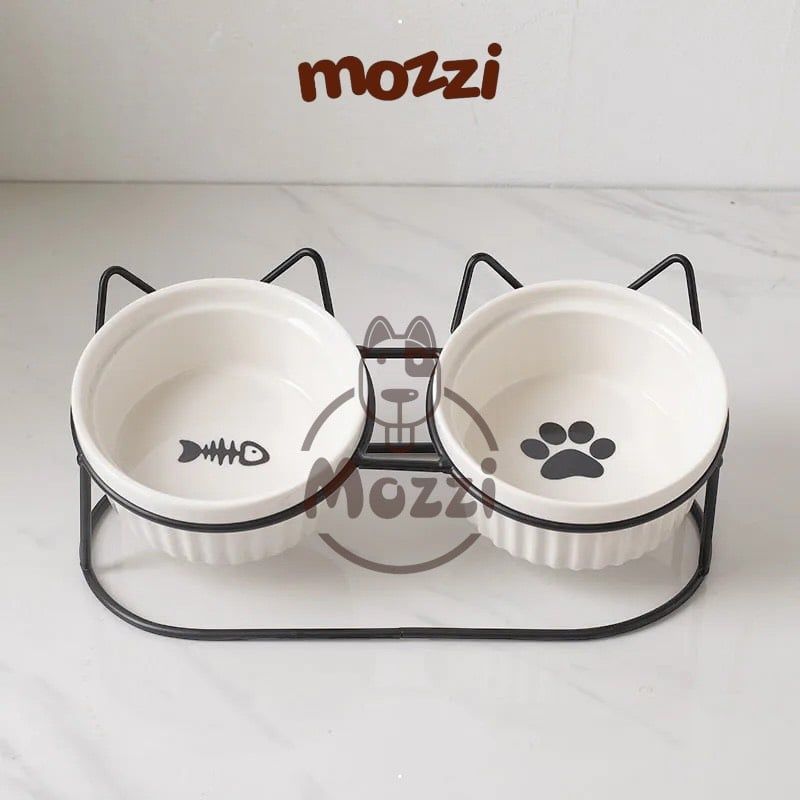 Chén bát ăn sứ đôi cho chó mèo có khung kệ sắt hình tai mèo