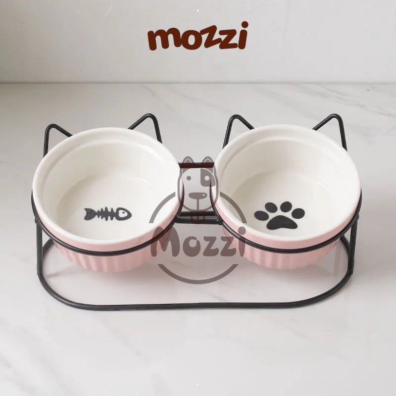 Chén bát ăn sứ đôi cho chó mèo có khung kệ sắt hình tai mèo