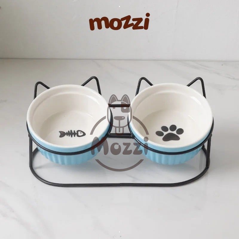 Chén bát ăn sứ đôi cho chó mèo có khung kệ sắt hình tai mèo