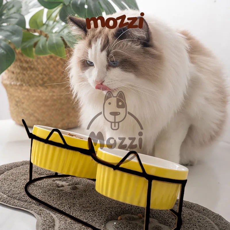 Chén bát ăn sứ đôi cho chó mèo có khung kệ sắt hình tai mèo