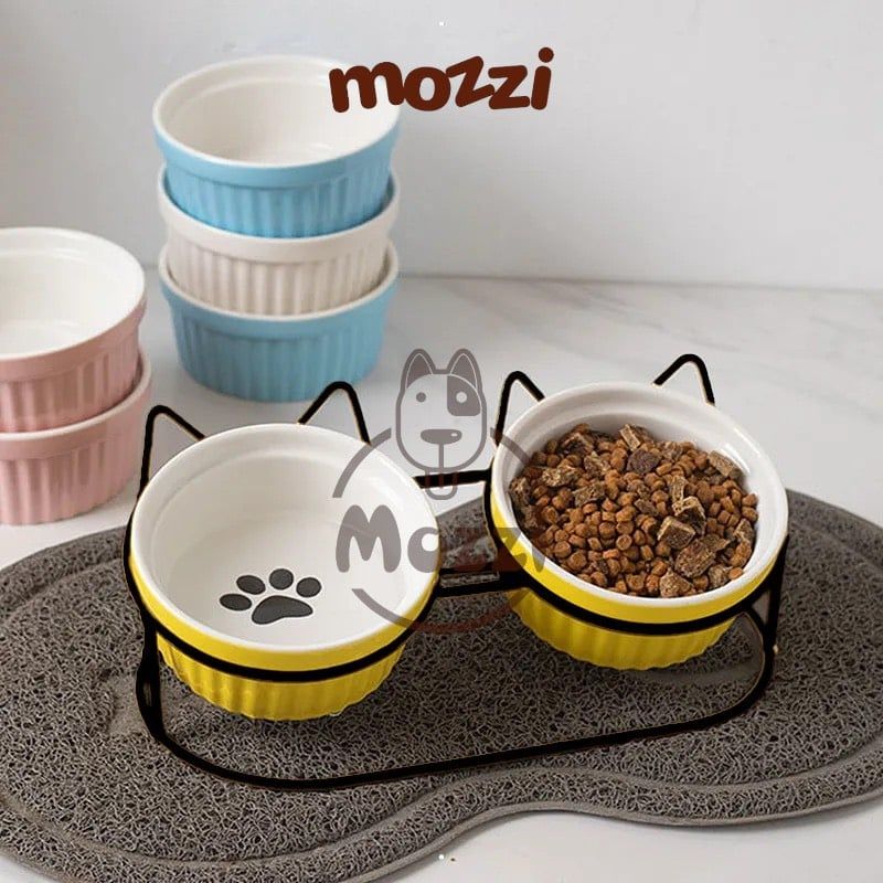 Chén bát ăn sứ đôi cho chó mèo có khung kệ sắt hình tai mèo