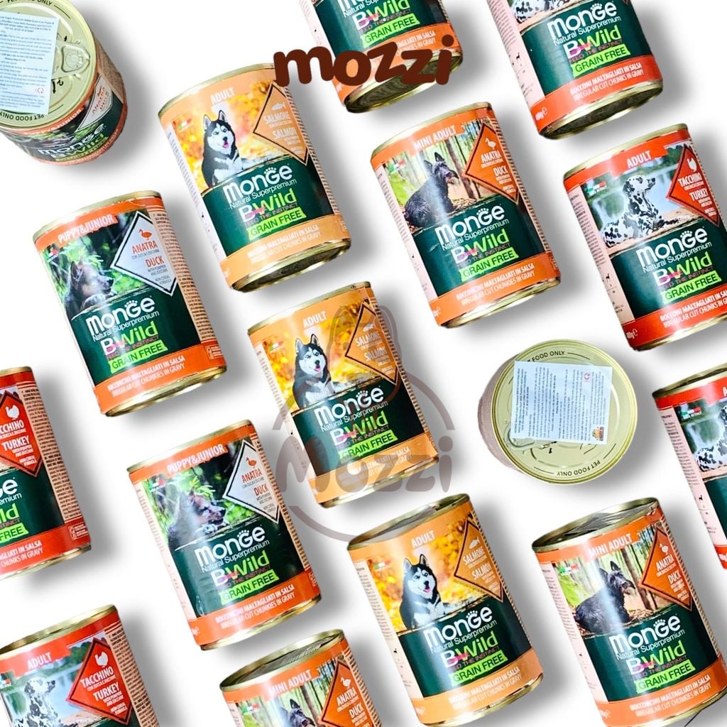 Pate cho chó MONGE Bwild Grain Free Vịt Gà tây Bí xanh đỏ Lon 400gr