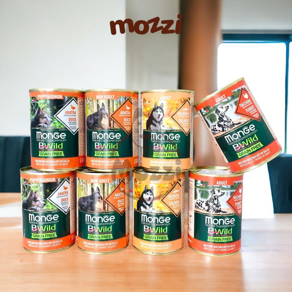Pate cho chó MONGE Bwild Grain Free Vịt Gà tây Bí xanh đỏ Lon 400gr
