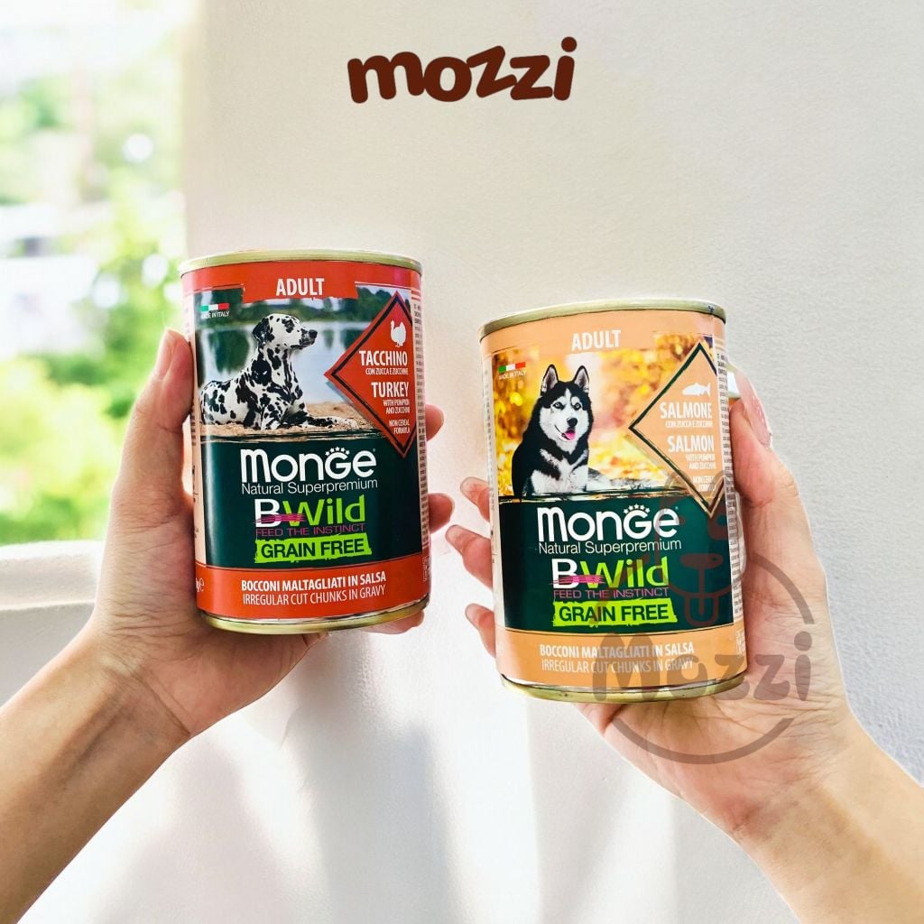 Pate cho chó MONGE Bwild Grain Free Vịt Gà tây Bí xanh đỏ Lon 400gr