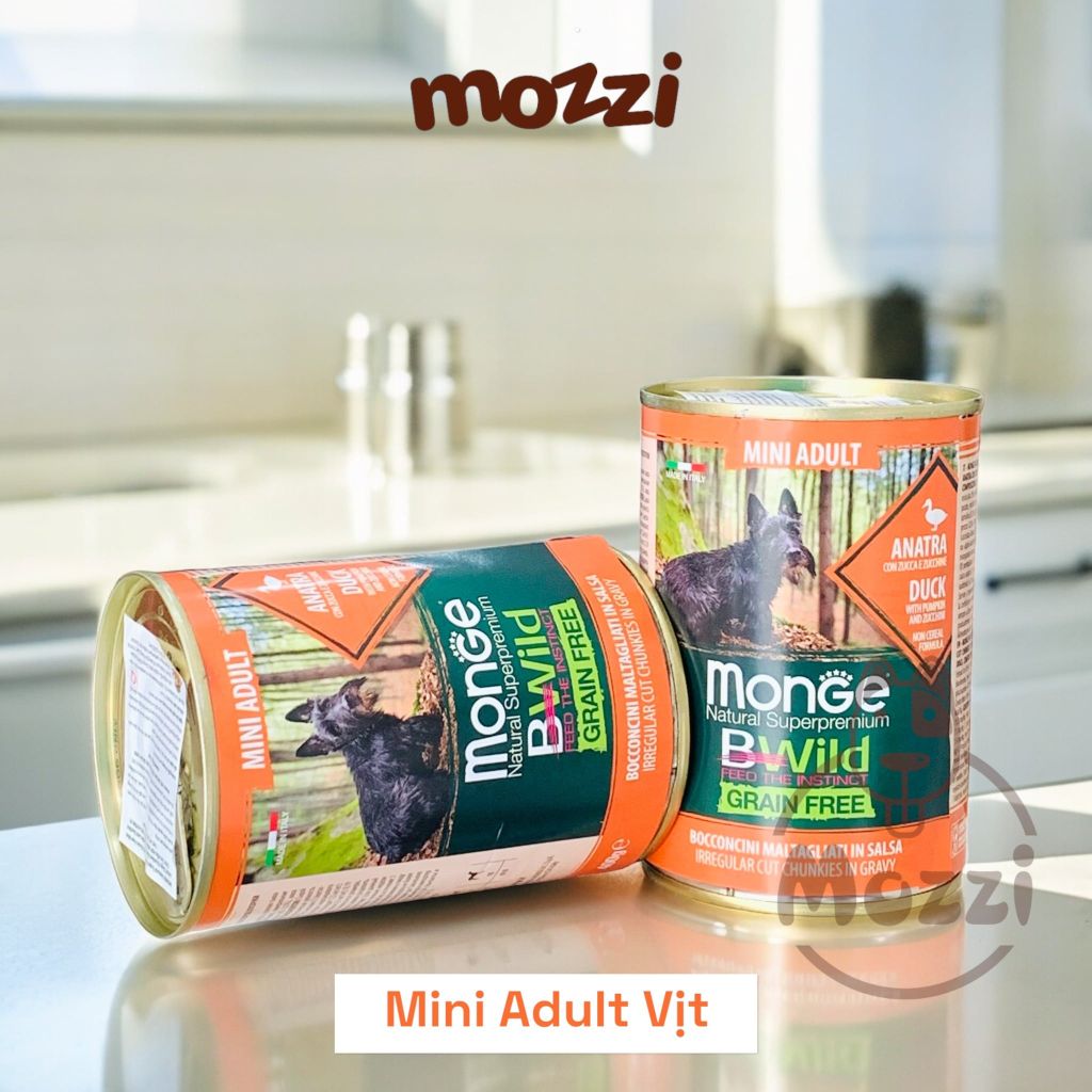 Pate cho chó MONGE Bwild Grain Free Vịt Gà tây Bí xanh đỏ Lon 400gr