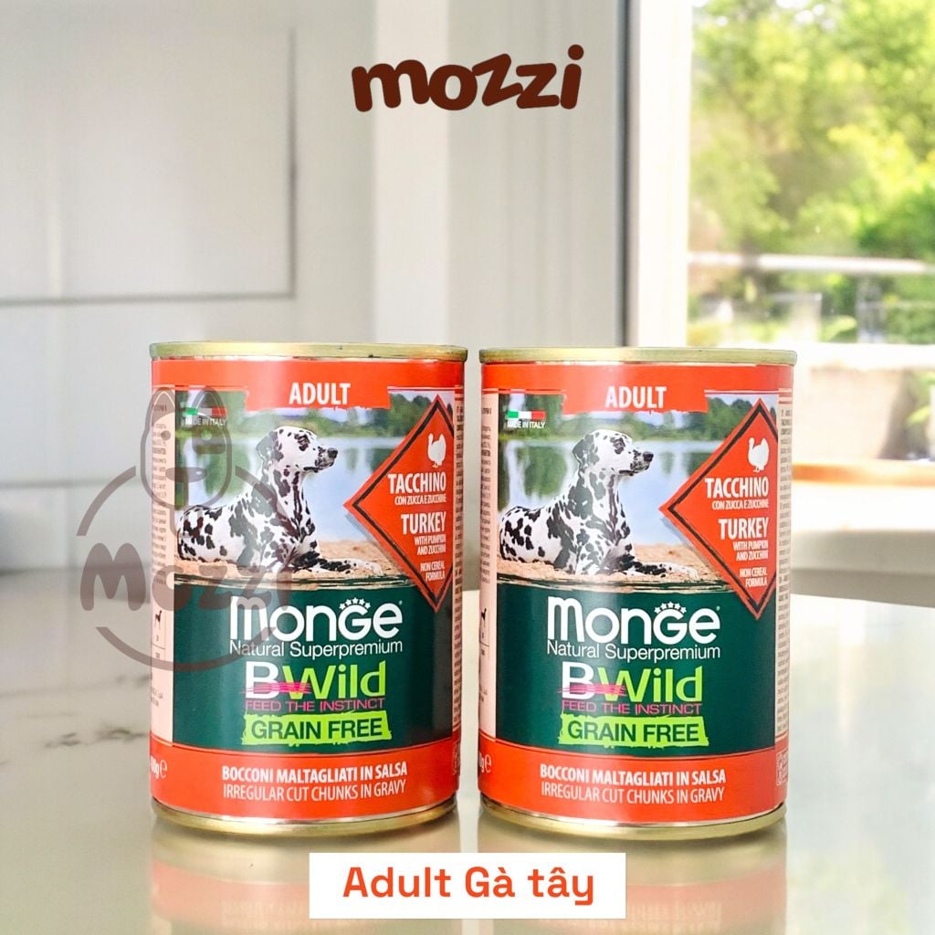 Pate cho chó MONGE Bwild Grain Free Vịt Gà tây Bí xanh đỏ Lon 400gr