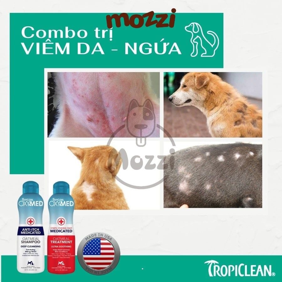 Sữa tắm Tropiclean OXYMED Gội ủ xả viêm da nấm ngứa 592ml cho chó mèo