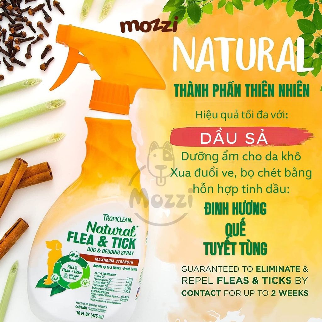 Chai xịt Tropiclean Natural Flea & Stick Diệt ve bọ chét cho chó mèo