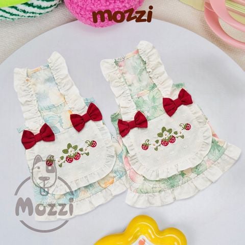  Đầm hầu gái túi lớn nơ đỏ thêu trái dâu cho chó mèo 