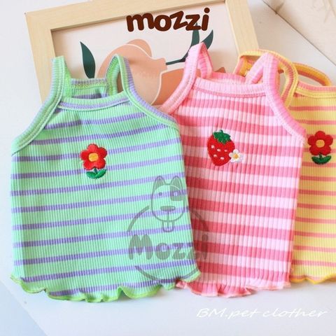  Áo hai dây sọc ngang thun gân thêu hình cho chó mèo 