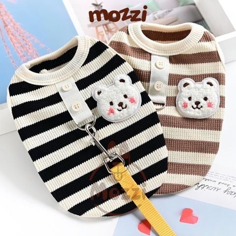  Áo sọc ngang gấu má hồng có khoen dắt cho chó mèo 