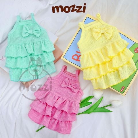  Đầm hai dây nhún ba tầng đính nơ cho chó mèo 