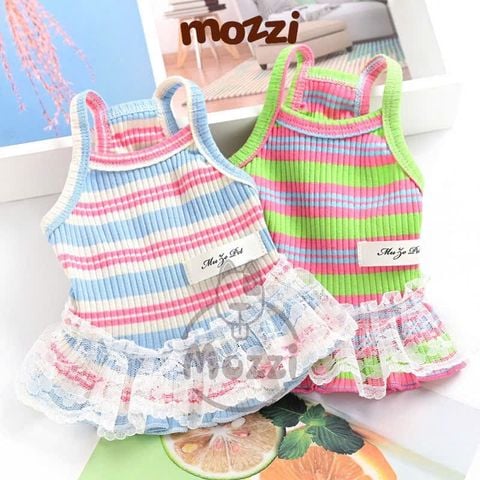  Đầm hai dây thun gân sọc ngang chân ren MuZePet 