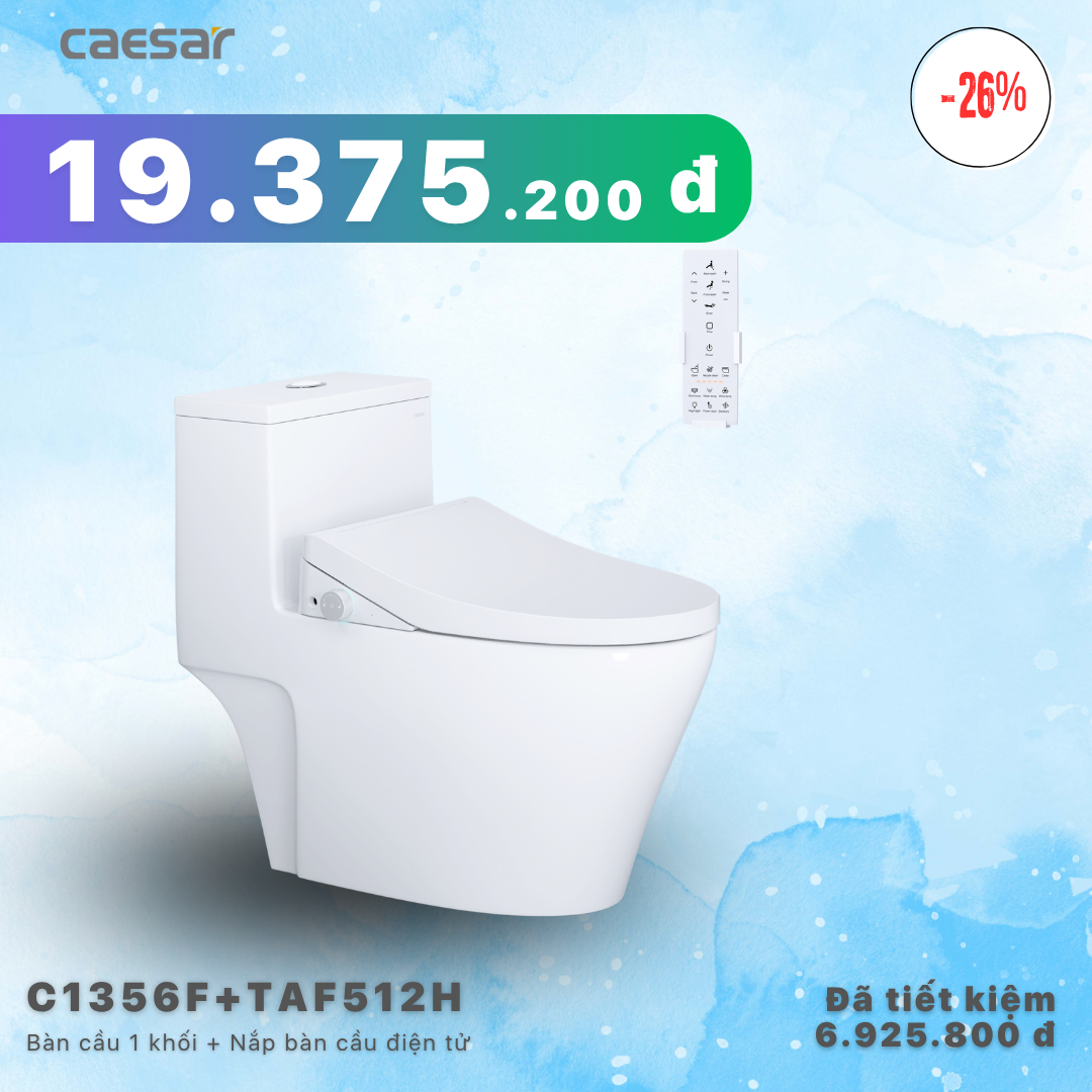  Khuyến mãi ưu đãi - Bàn cầu một khối + Nắp điện tử - C1356F + TAF512H 