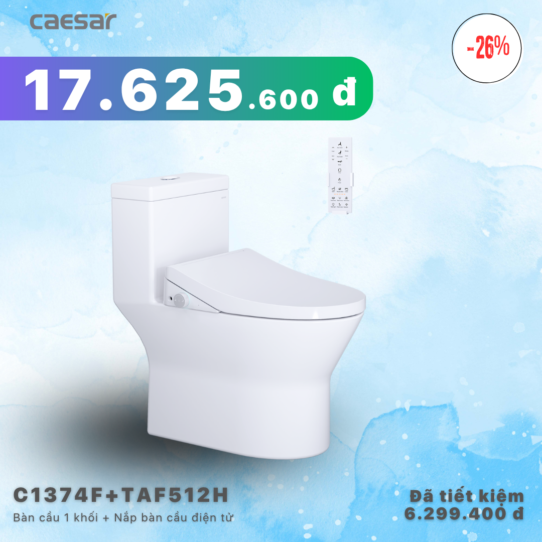  Khuyến mãi ưu đãi Bàn Cầu Một  Khối + Nắp điện tử - C1374F + TAF512H 