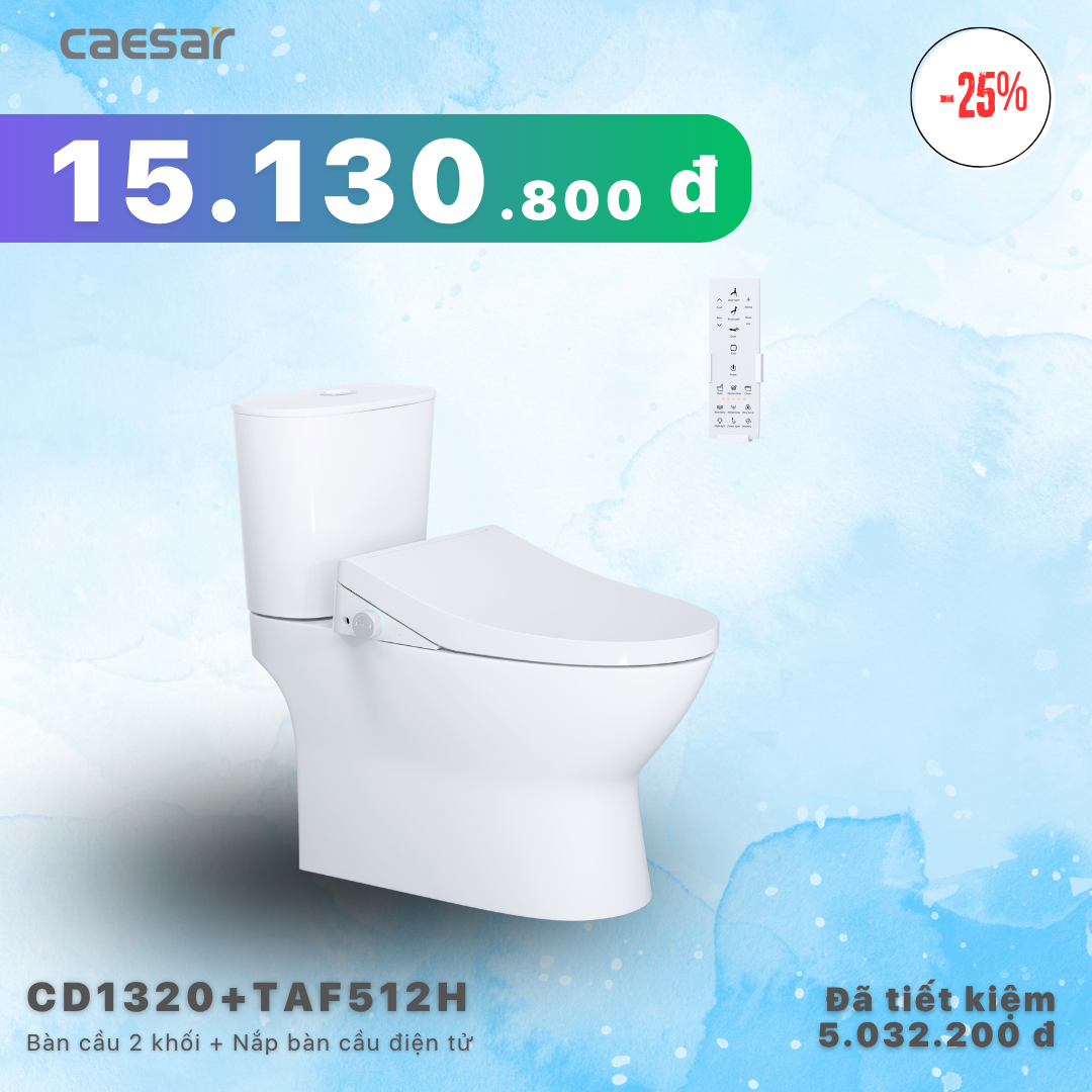  Khuyến mãi ưu đãi- Bàn cầu hai khối + Nắp điện tử - CD1320 - TAF512H 