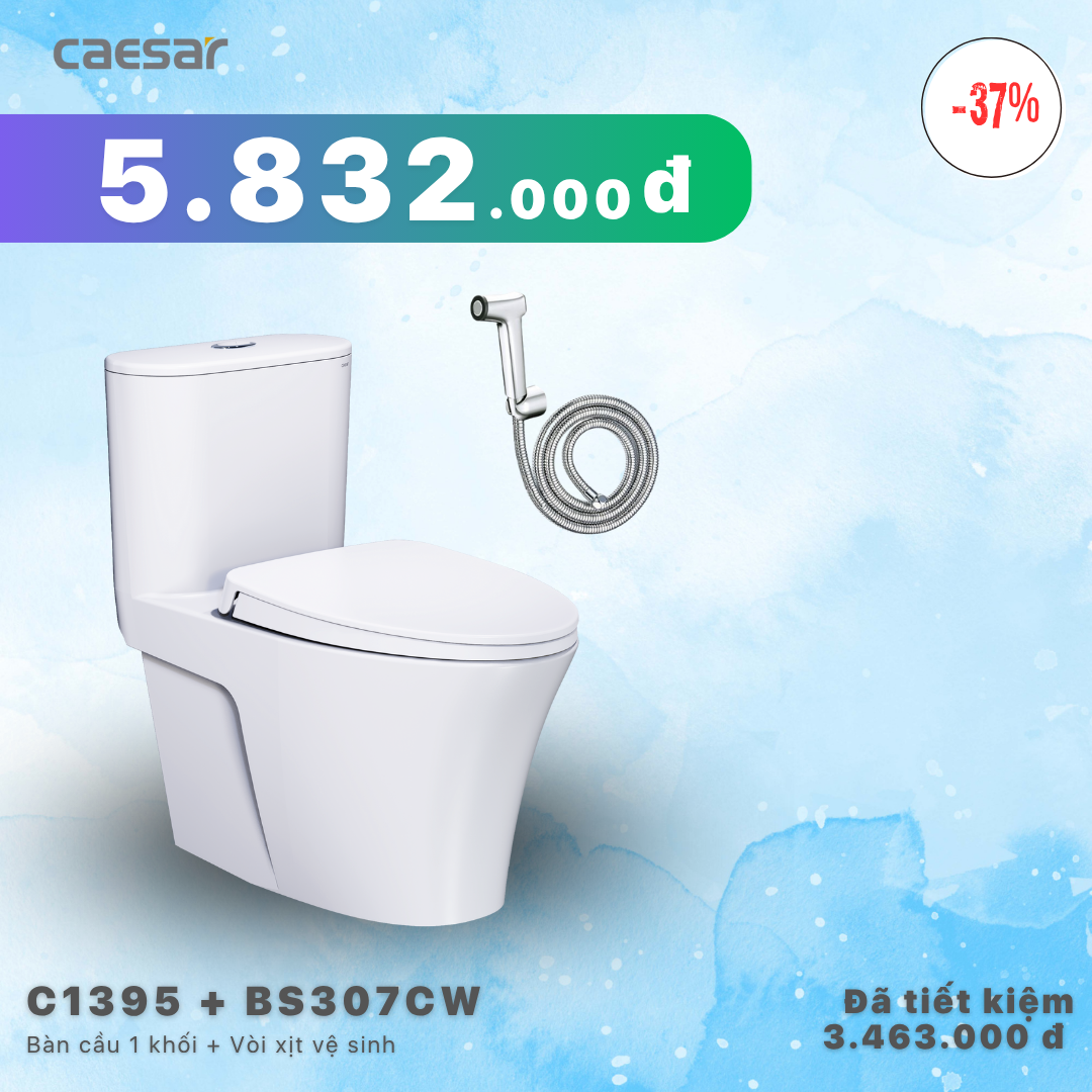 ​​​​​​​Khuyến mãi ưu đãi Bàn Cầu Một  khối + Vòi xịt - C1395 + BS307CW 