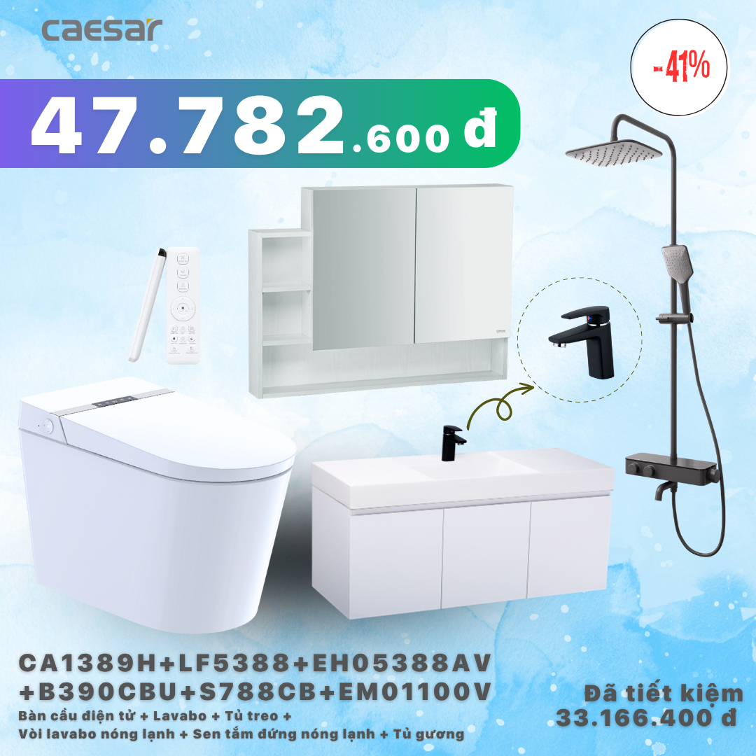  Khuyến mãi ưu đãi - Bàn cầu  + lavabo + tủ treo + Vòi Nóng Lạnh + Sen Tắm  + Tủ Gương - CA1389H + LF5388 + EH05388AV + B390CBU + S788CB + EM01100V 