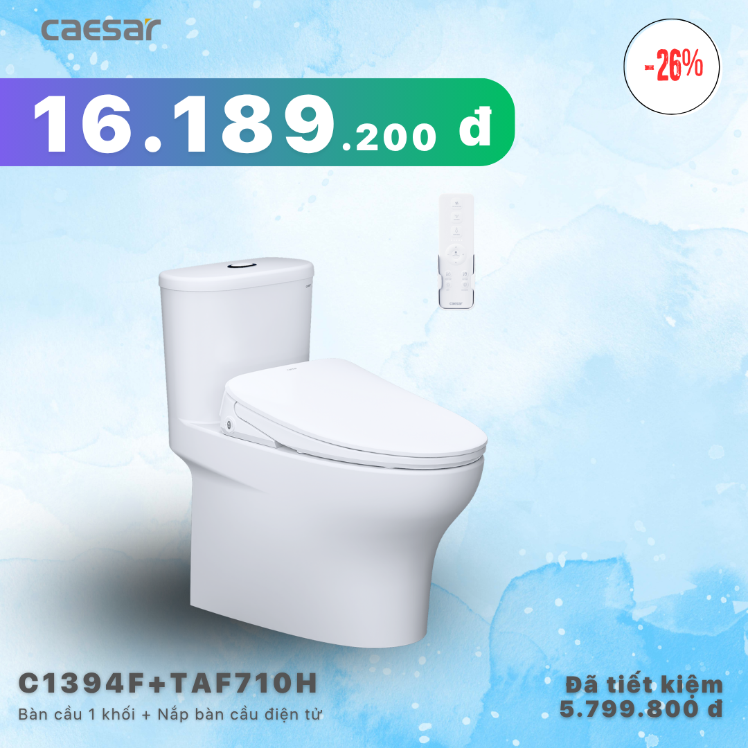 Khuyến mãi ưu đãi - Bàn cầu một khối + Nắp điện tử - C1394F - TAF710H 