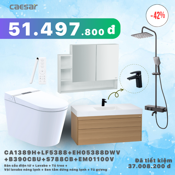  Khuyến mãi - Bàn cầu + lavabo + tủ treo + Vòi nước + Sen Tắm + Tủ Gương - CA1389H + LF5388 + EH05388DWV + B390CBU + S788CB + EM01100V 