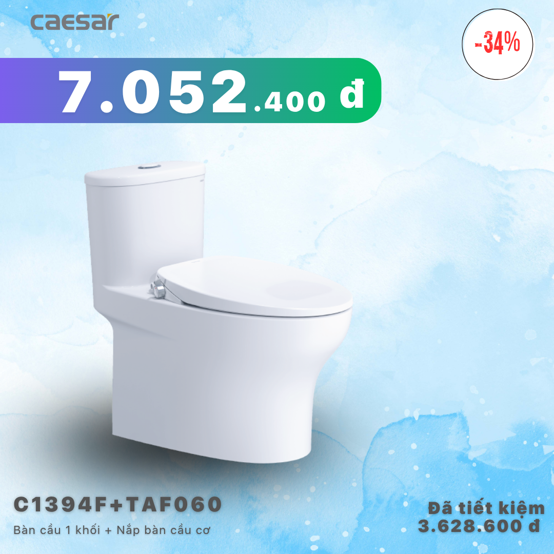  Khuyến mãi ưu đãi - Bàn cầu một khối + Nắp bàn cầu cơ - C1394F + TAF060 