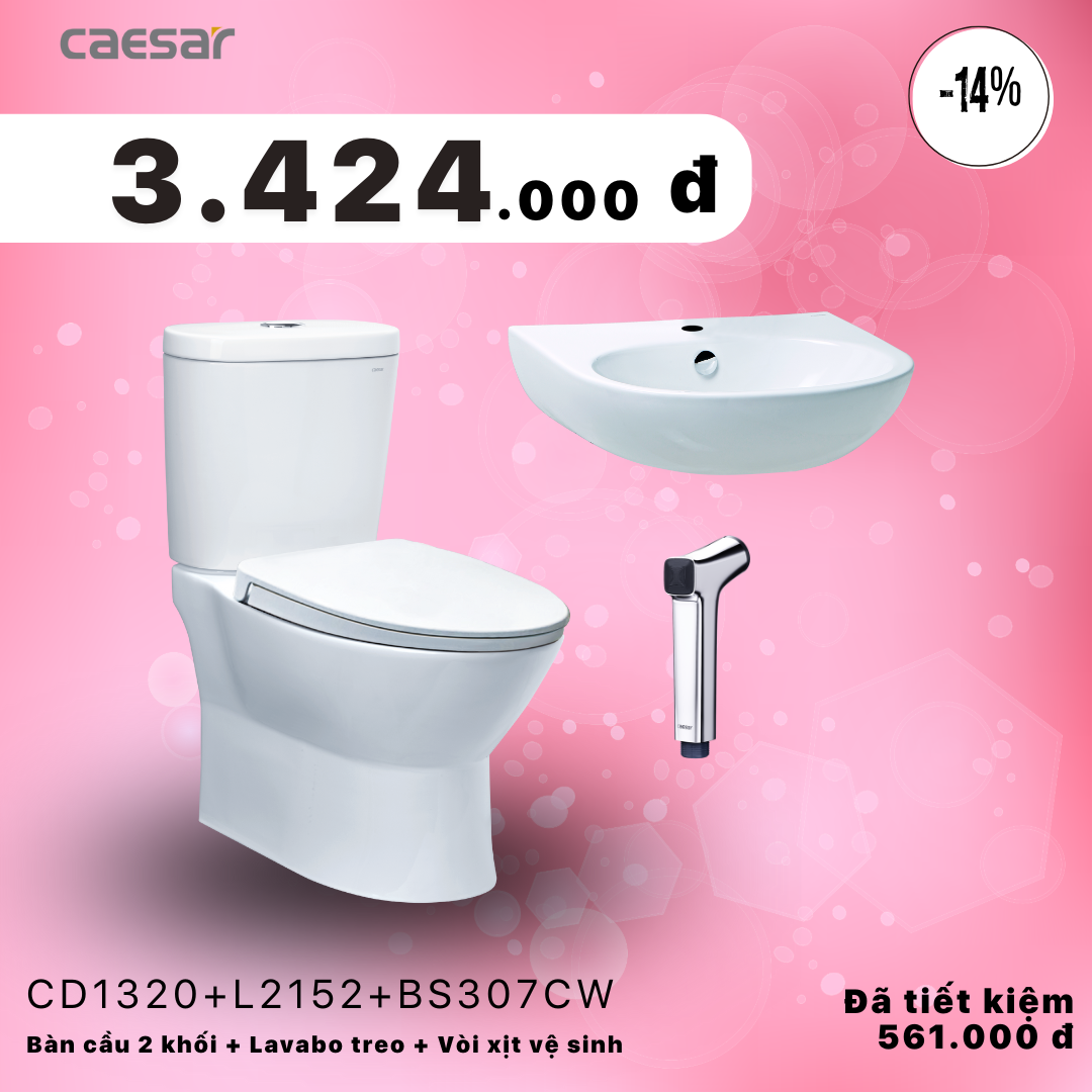  Khuyến mãi combo  - Bàn Cầu 2 Khối +  Lavabo + Vòi xịt xi - CD1320 + L2152 + BS307CW 