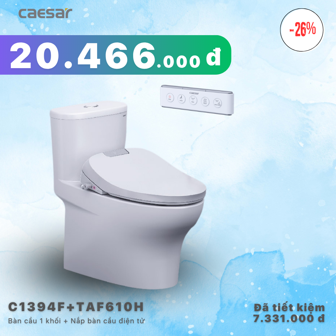  Khuyến mãi ưu đãi - Bàn Cầu Một Khối + Nắp điện tử - C1394F - TAF610H 
