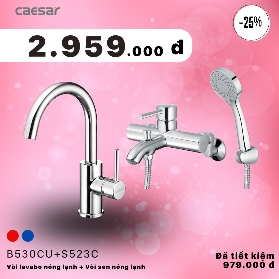  Khuyến mãi ưu đãi - Vòi lavabo Nóng Lạnh + Sen tắm Nóng Lạnh - B530CU + S523C 