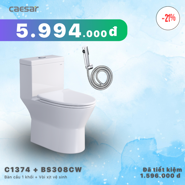  Khuyến mãi ưu đãi - Bàn Cầu Một Khối + Vòi xịt - C1374 + BS308CW 