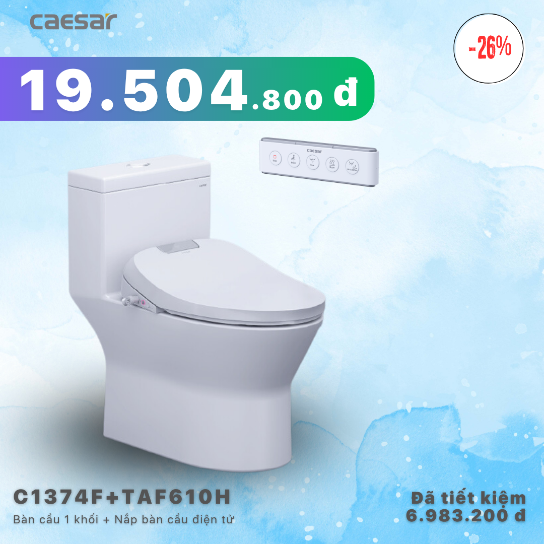  Khuyến mãi ưu đãi - Bàn cầu một khối + Nắp điện tử - C1374F + TAF610H 