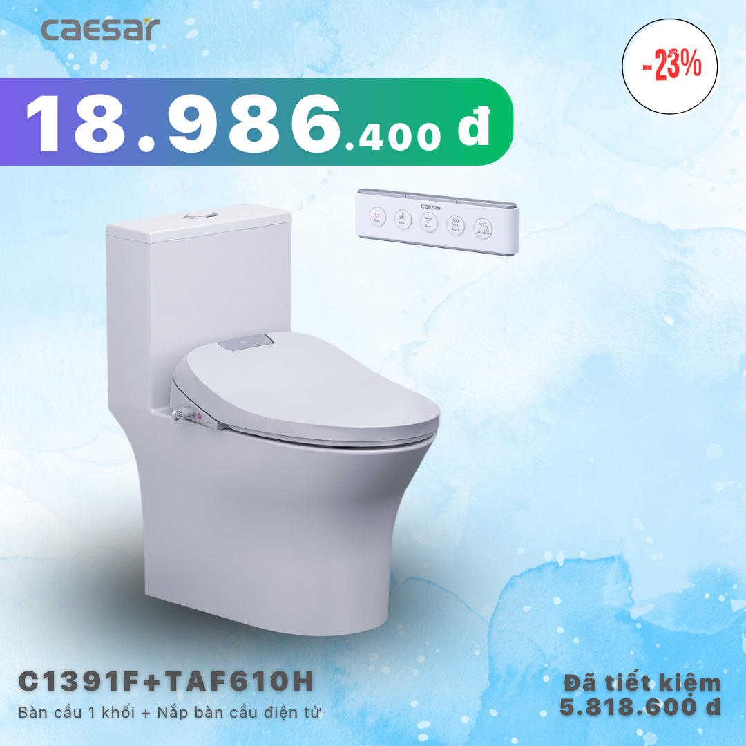  Khuyến mãi ưu đãi- Bàn Cầu Một  Khối + Nắp điện tử - C1391F + TAF610H 