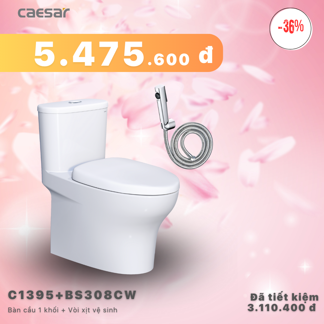  Khuyến mãi ưu đãi Bàn Cầu Một khối + Vòi xịt - C1395 + BS308CW 