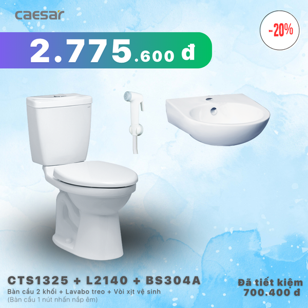  Khuyến mãi combo - Bàn Cầu 2 Khối + Lavabo Treo Tường + Vòi Xịt Nhựa - CTS1325 + L2140 + BS304A 