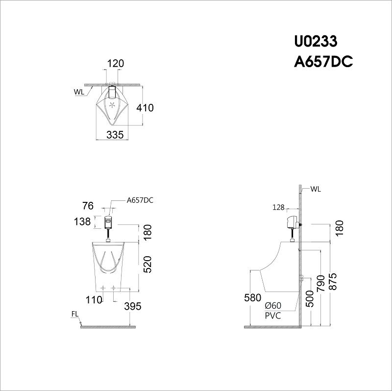  Bệ Tiểu Nam (Treo Tường) U0233 - Xả tiểu cảm ứng A657DC 