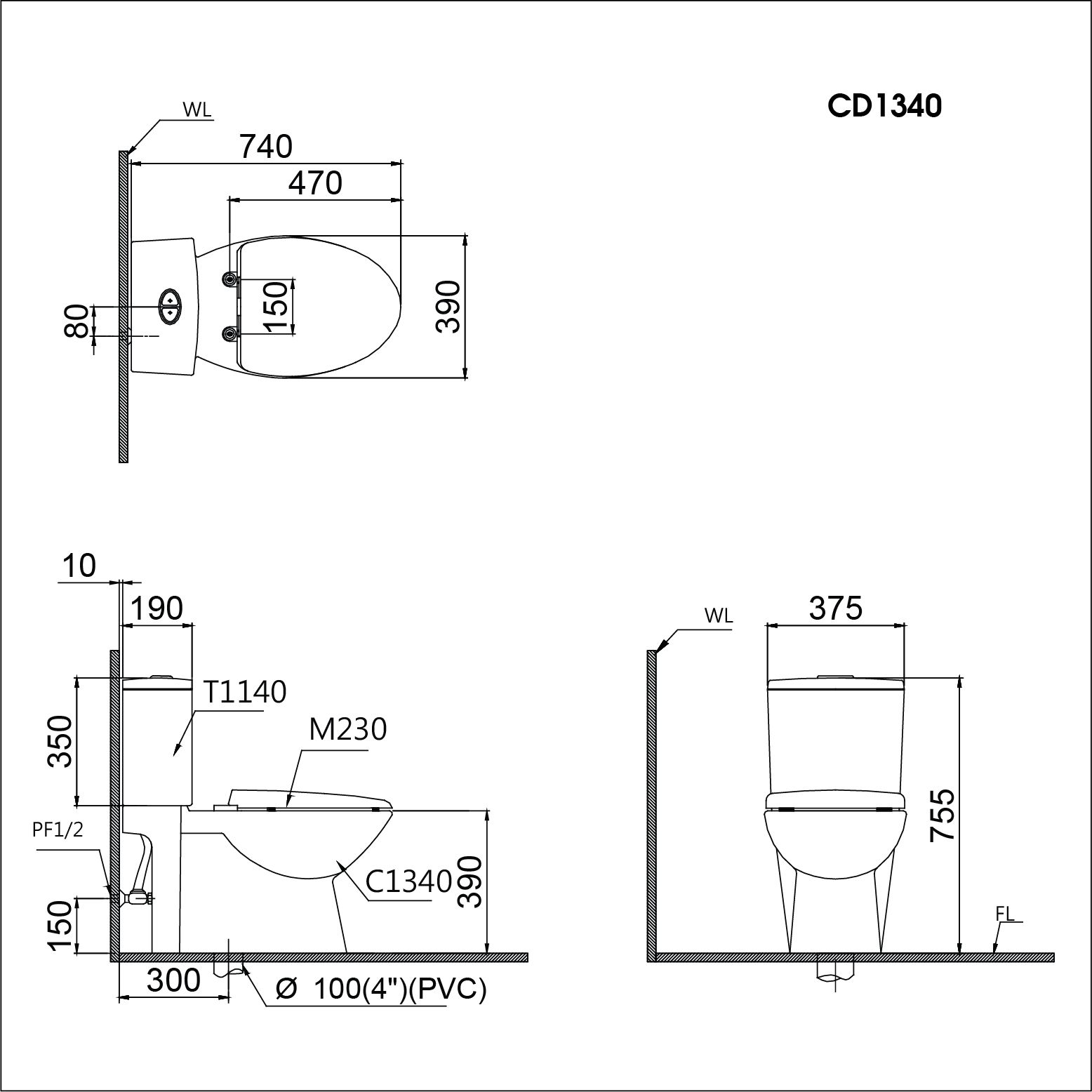  Bàn Cầu Hai Khối Nắp Êm - CD1340 