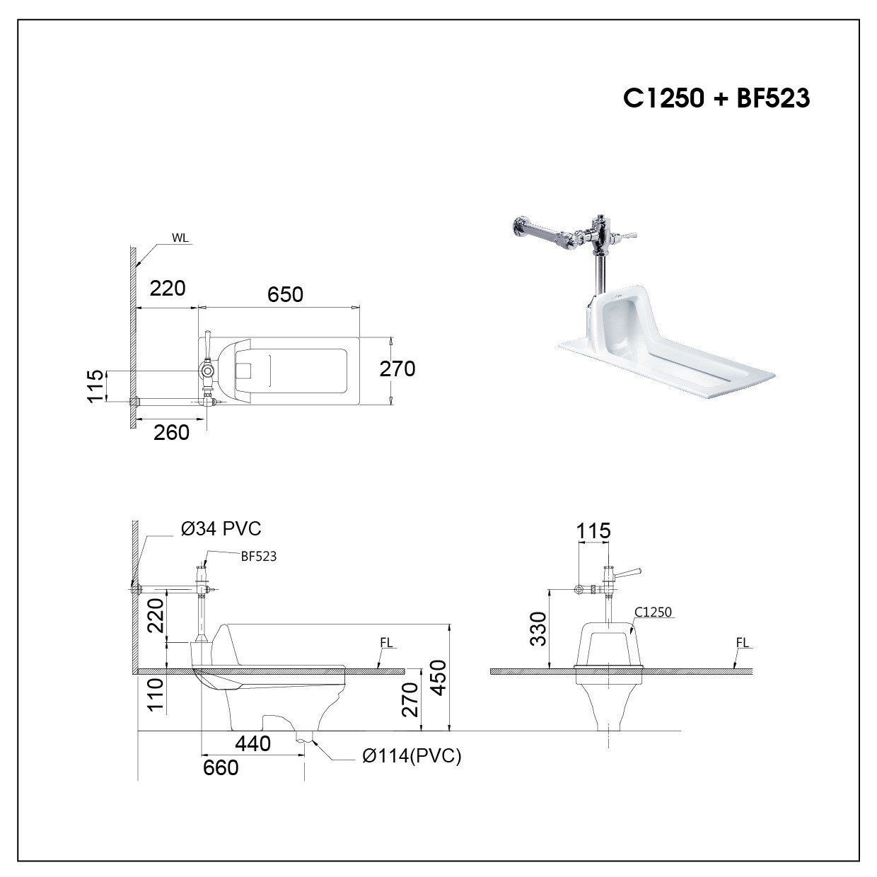  Bàn Cầu kết hợp với Xả Gạt Tay  - C1250 + BF523A 