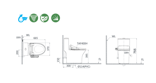  Bàn Cầu Một Khối kết hợp nắp điện tử - C1391F - TAF400H 