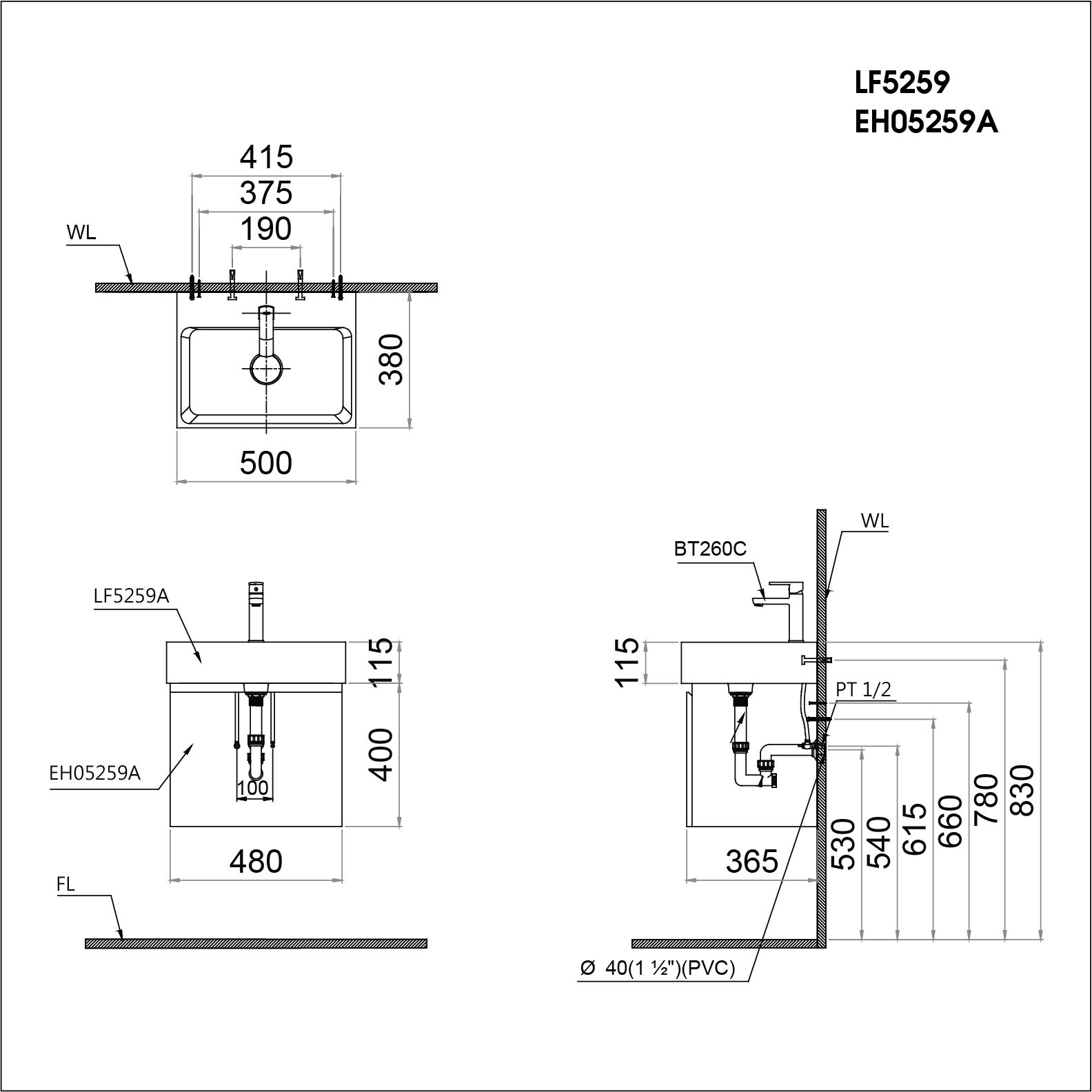  Lavabo + Tủ Treo - LF5259 + EH05259AWV 