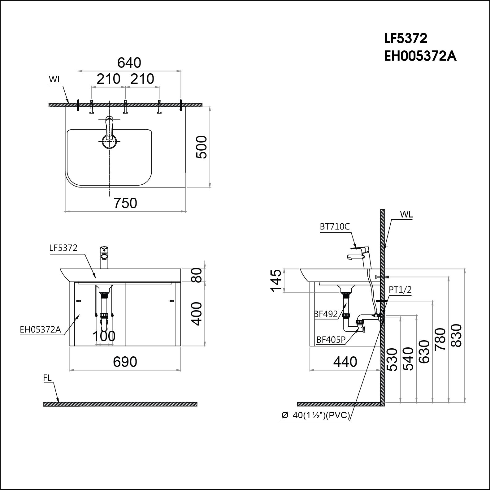  Lavabo + Tủ treo - LF5372 + EH05372AV 