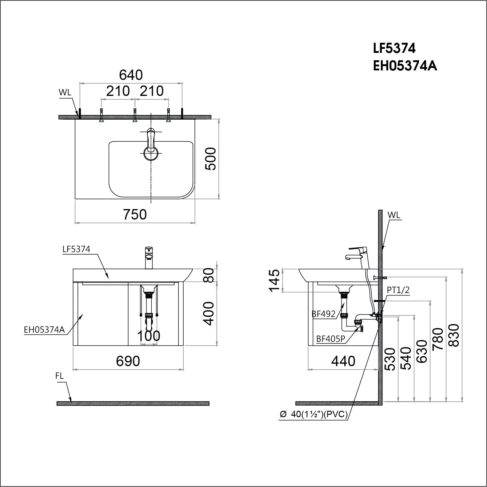  Lavabo + Tủ treo - LF5374 + EH05374AV 