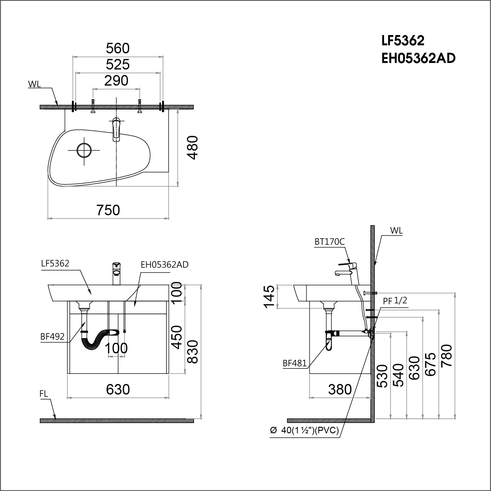  Lavabo + Tủ treo - LF5362 + EH05362ADV 