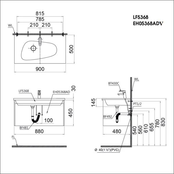  Lavabo + Tủ treo - LF5368 + EH05368ADV 