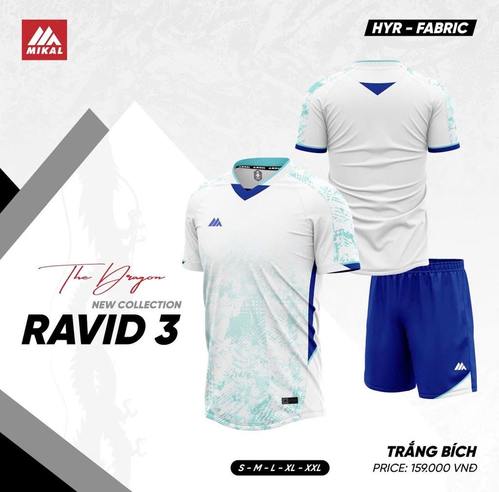 Quần Áo Bóng Đá Không Logo Mikal Ravid 3 K5 - Trắng Xanh