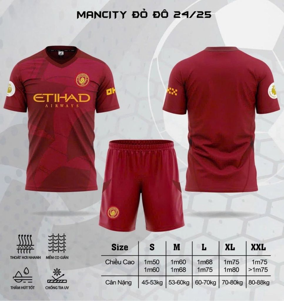 Quần Áo Bóng Đá CLB Man City 24/25 - Đỏ Đô