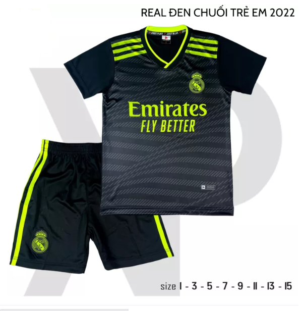 Quần áo bóng đá, đồ đá banh trẻ em CLB Real Madrid Đen Chuối Vải thun lạnh cao cấp