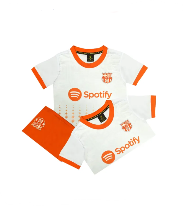 Quần áo bóng đá trẻ em đồ đá banh trẻ em Barcelona Barca trắng cam