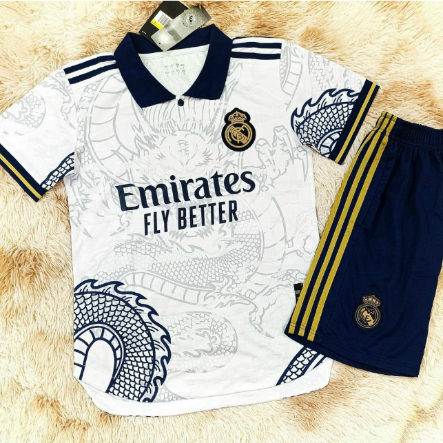 Quần Áo Bóng Đá CLB Real Madrid Trắng Rồng 2022-2023 - Vải Mè Thái cao cấp
