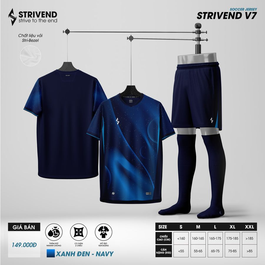 Quần Áo Bóng Đá Không Logo Strivend V7 - Xanh Đen