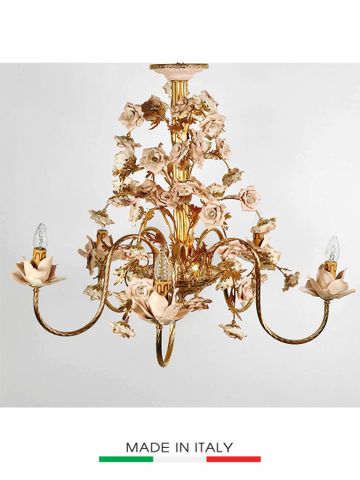 Đèn Chùm Hoa Hồng Bằng Sứ Dát Đồng Trang Trí Caroline Italy 90x70cm - 1388/5