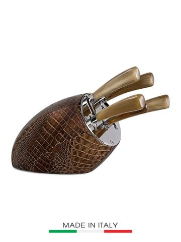 Bộ dao Adhoc 5 cái cán sừng màu trâu vàng , đế dao bọc da cá sấu màu đồng BERKEL - SENSECOCCR528